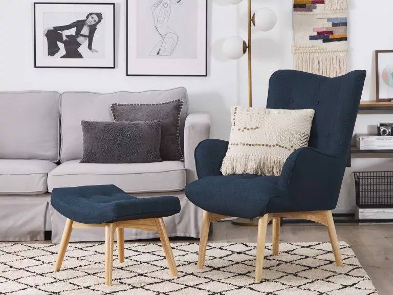 Beliani Sillón Tapizado Con Reposapiés Azul Marino VEJLE - Imagen 2