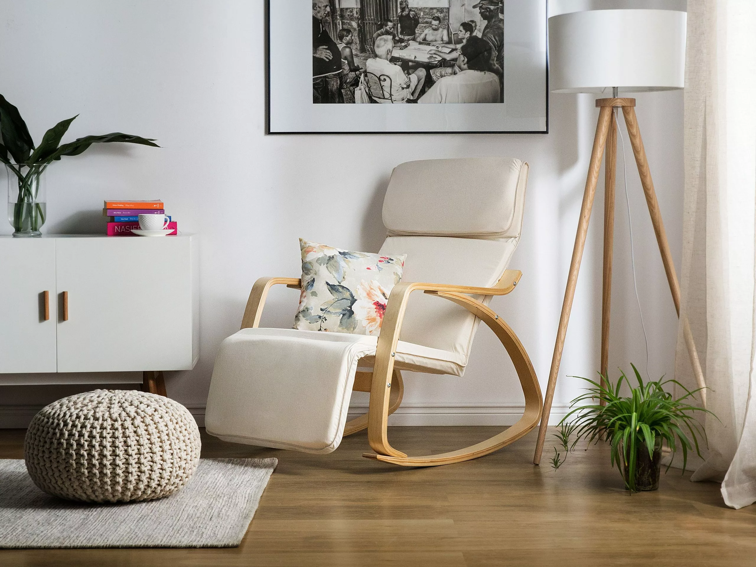 Beliani Silla Mecedora De Poliéster Beige Crema/madera Clara WESTON - Imagen 2