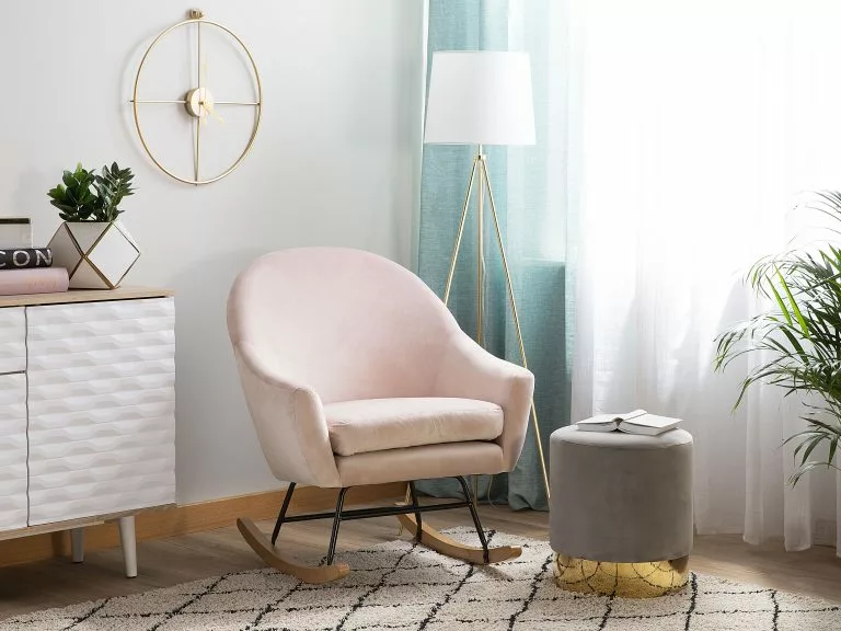 Beliani Silla Mecedora De Terciopelo Rosa Pastel/madera Clara OXIE - Imagen 2