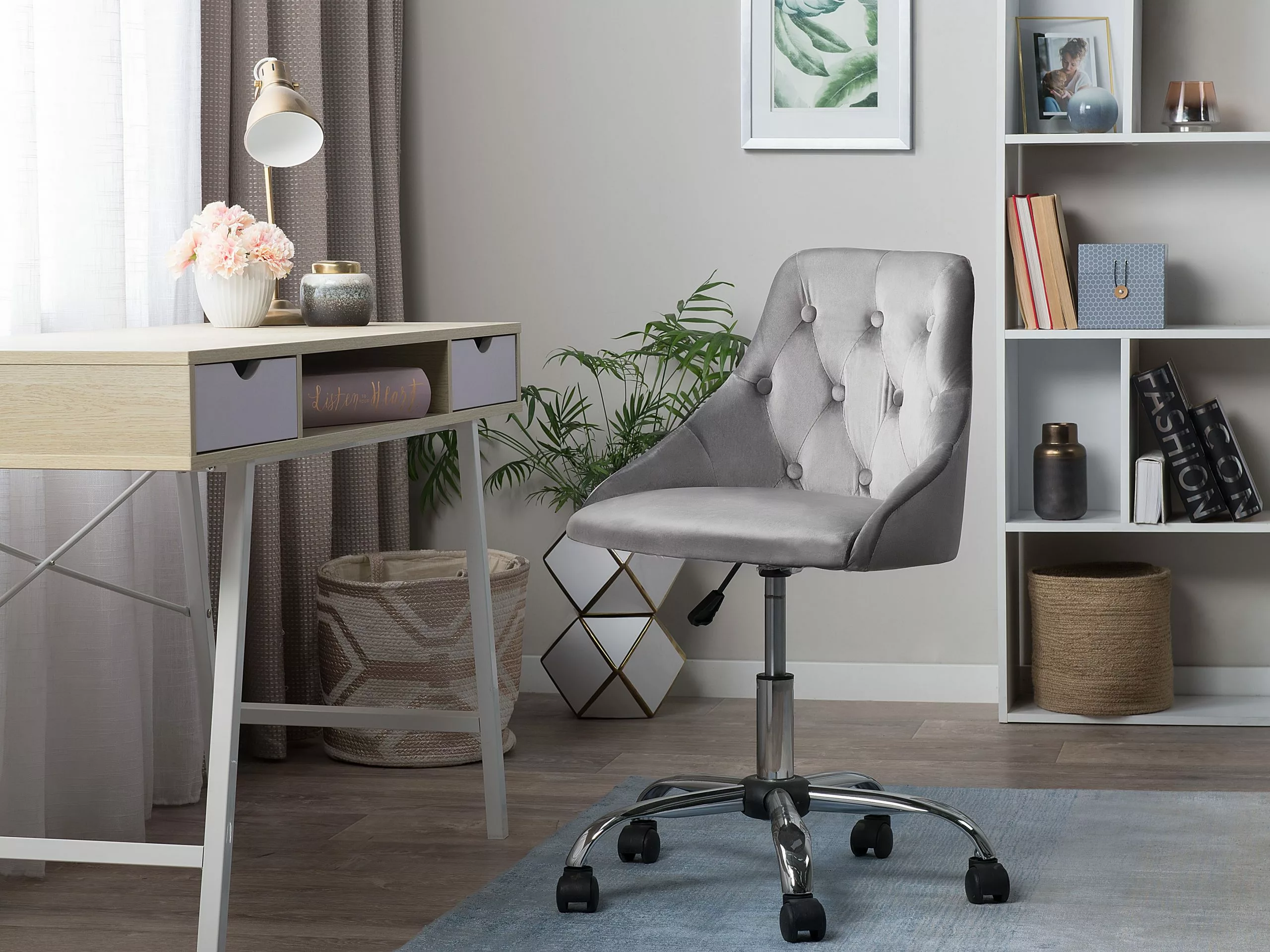 Beliani Silla De Oficina De Terciopelo Gris/negro/plateado PARRISH - Imagen 3