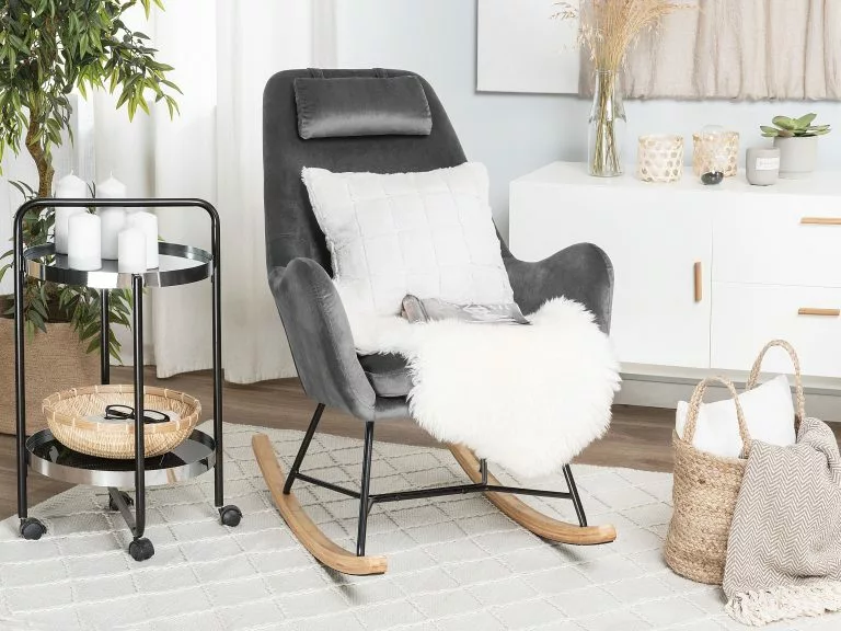 Beliani Silla Mecedora De Terciopelo Gris Oscuro/madera Clara/negro ARRIE - Imagen 2