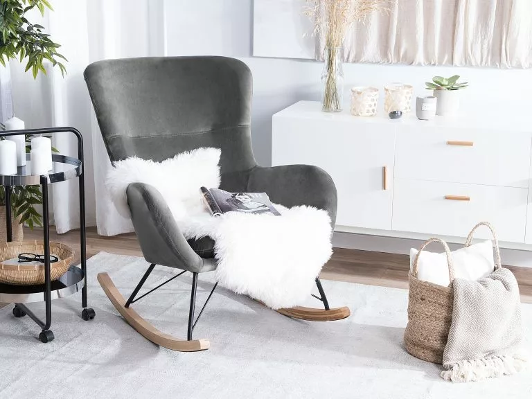 Beliani Silla Mecedora De Terciopelo Gris Oscuro/madera Clara/negro ELLAN - Imagen 2
