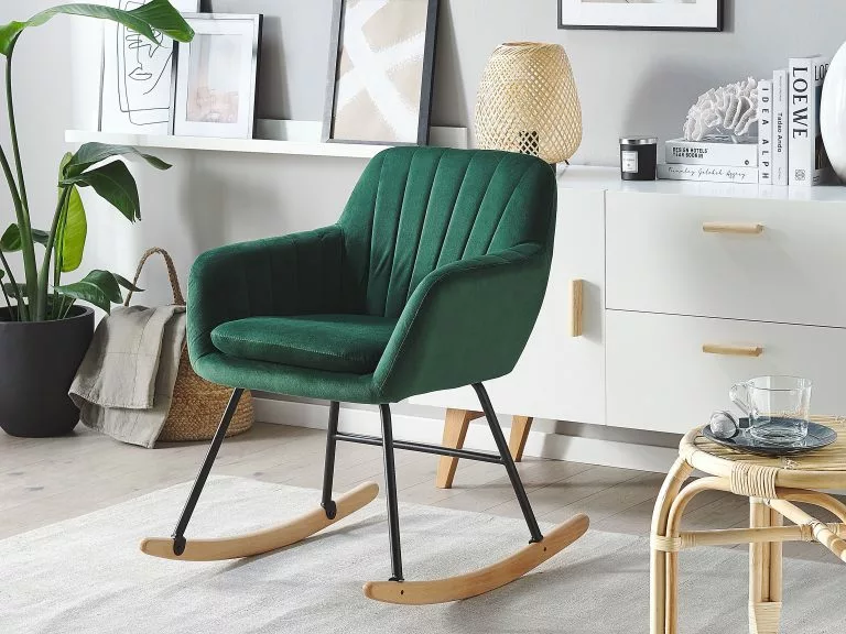 Beliani Silla Mecedora De Terciopelo Verde Esmeralda/negro/madera Clara LIARUM - Imagen 2