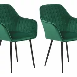Beliani Conjunto De 2 Sillas De Comedor De Terciopelo Verde Esmeralda/negro WELLSTON